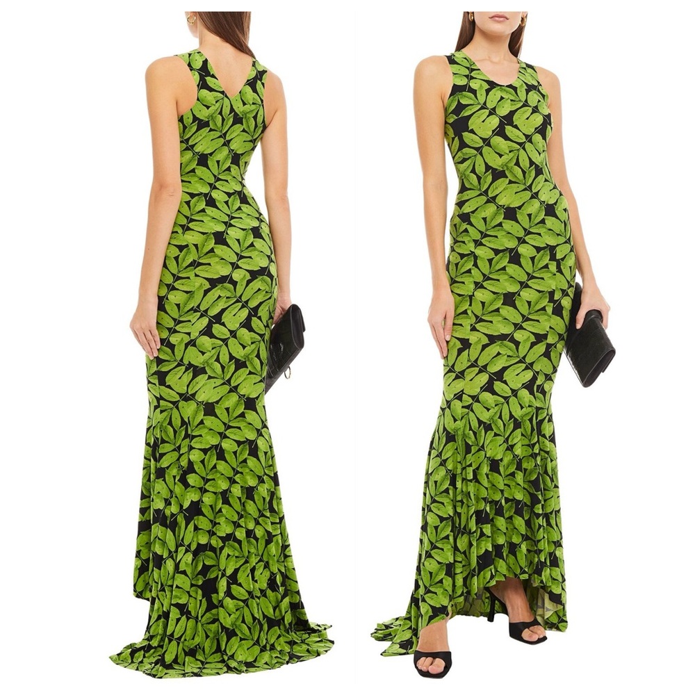 Norma Kamali Black and Lime Green Leaf-Print Sleeveless Maxi Dress